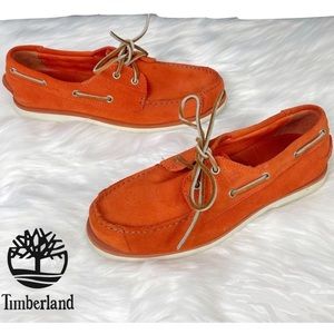 Timberland Orange Moccasin Slip On Amherst 2 eye Boat Shoes Boys Shoe Size 6